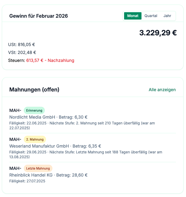 Gewinn und Mahnungen Dashboard