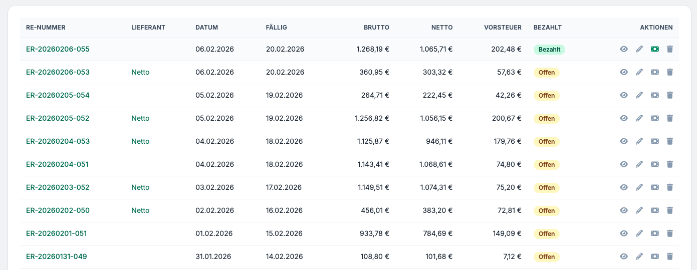 Rechnungsübersicht in billmatic